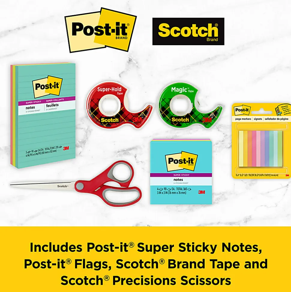 Post-it® and Scotch® Brand Essentials Pack, Super Sticky Notes, Super Hold Tape, Magic Tape, Flags, and Scissors, School Supplies and Office Products