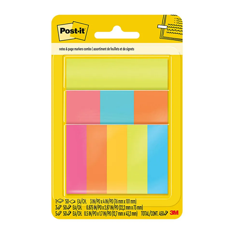 Post-it® Combo Pack, 1 Pad 3"x4", 3 Pads 1"x3", 50 Notes/Pad, 0.5" x 2", Pack Of 9 Pads