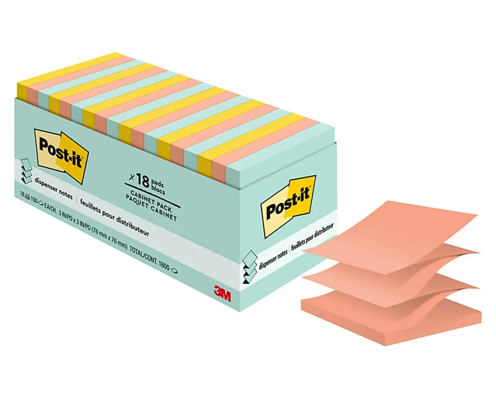 Post-it® Dispenser Notes, 1800 Total Notes, Pack Of 18 Pads, 3" x 3", Beachside Cafe, 100 Notes Per Pad