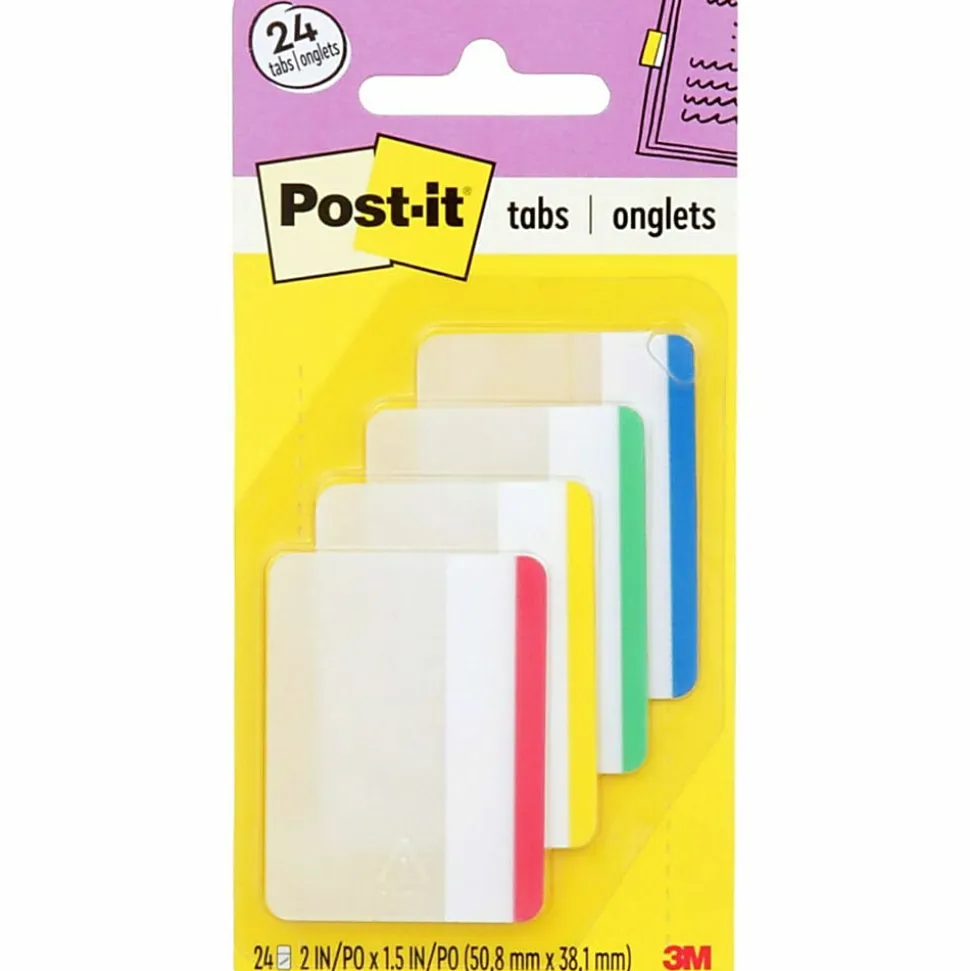 Post-it® Durable Tabs, 2 in. x 1.5 in. Pack of 24 Tabs, Beige, Green, Red, Canary Yellow