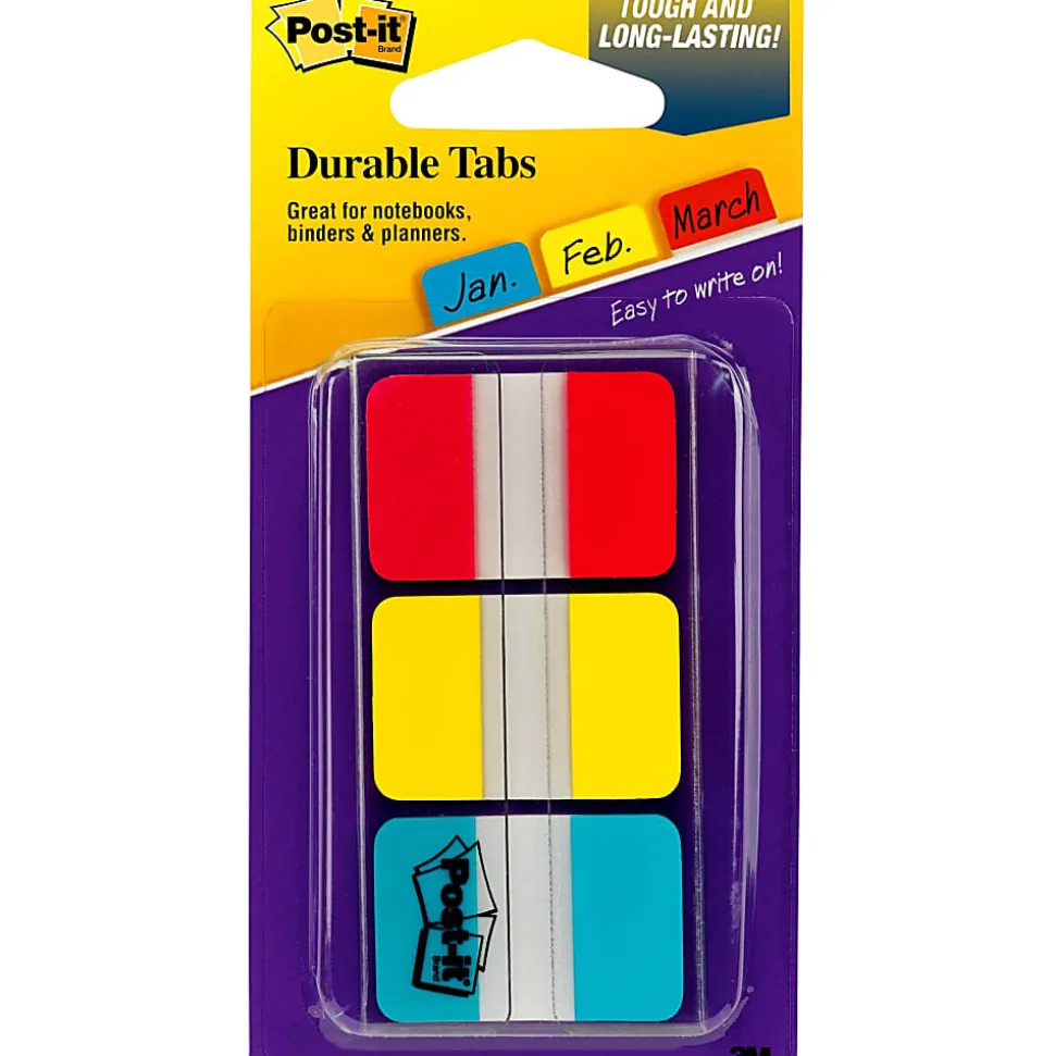 Post-it® Durable Tabs - 36 Write-on Tab(s) - 1.50" Tab x 1" Tab- Red, Yellow, Blue Tab(s) - Wear Resistant, Tear Resistant, Repositionable - 36 / Pack