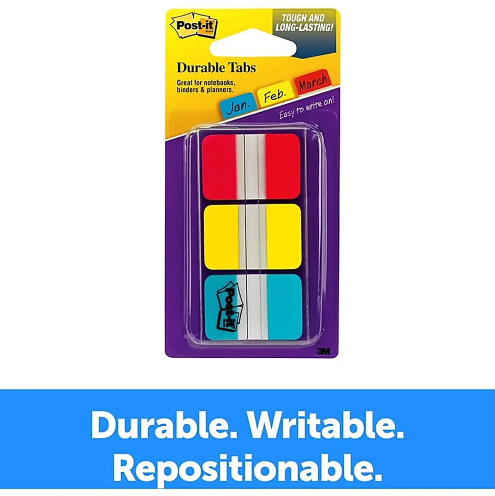 Post-it® Durable Tabs - 36 Write-on Tab(s) - 1.50" Tab x 1" Tab- Red, Yellow, Blue Tab(s) - Wear Resistant, Tear Resistant, Repositionable - 36 / Pack