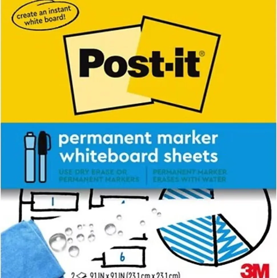Post-it® Easy Erase Permanent Marker Whiteboard Sheets, 2 Pack, 9.1 in x 9.1 in, Wipes Away with Water