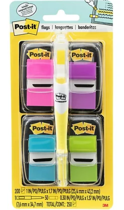 Post-it® Flags, 4 Dispensers, 50 Flags/Dispenser, Assorted Bright Colors, School Supplies for Students, Flags for Textbooks and Notebooks