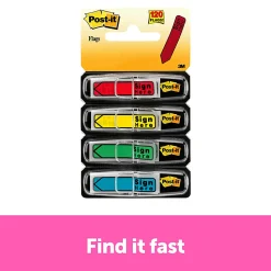 Post-it® Flags, .47 in. x 1.7 in., 4 Dispensers, 30 Flags/Dispenser, Assorted Colors, Printed "Sign Here",  School Supplies for Students
