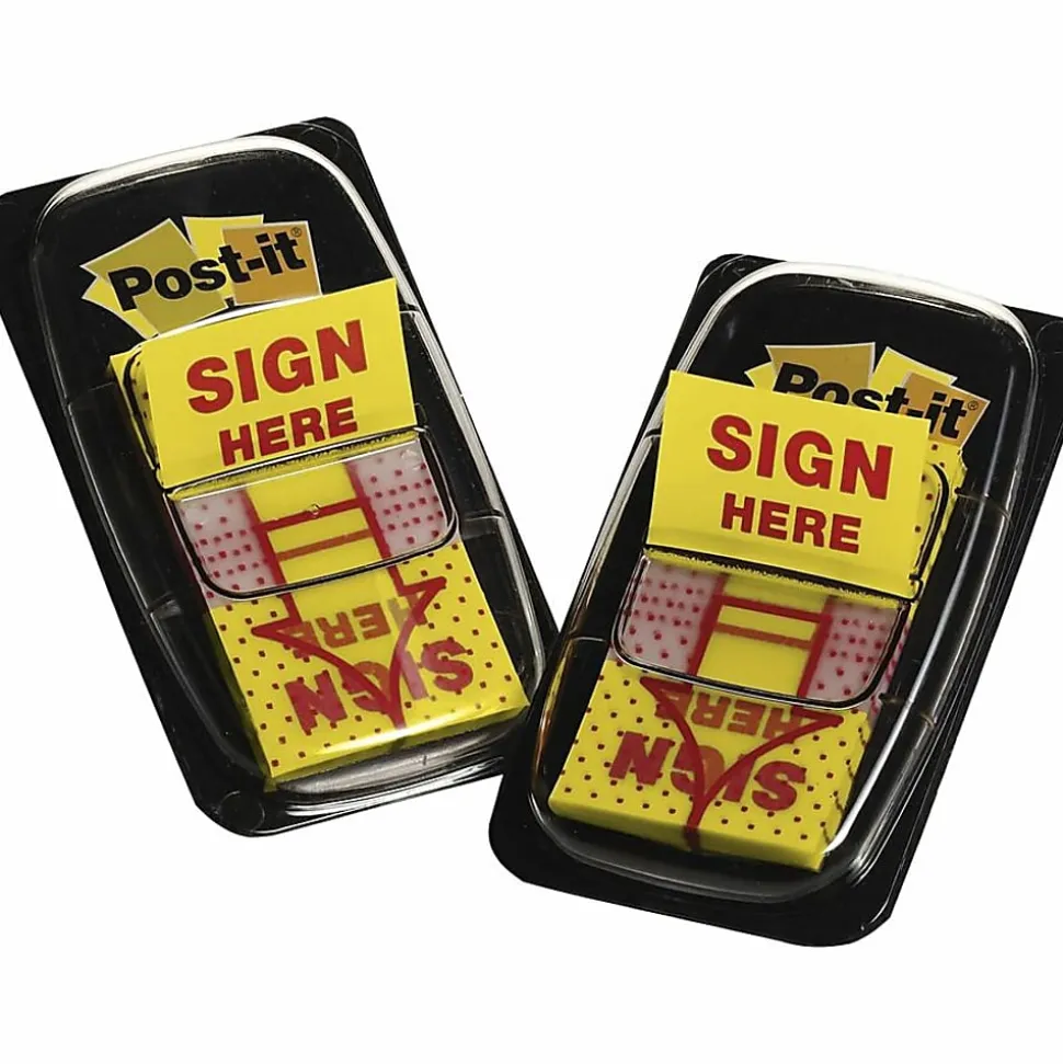 Post-it® Flags, 1 in. x 1.7 in., 2 Dispensers, 50 Flags/Dispenser, Yellow, Printed "Sign Here", School Supplies for Students, Flags for Textbooks