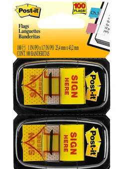 Post-it® Flags, 1 in. x 1.7 in., 2 Dispensers, 50 Flags/Dispenser, Yellow, Printed
