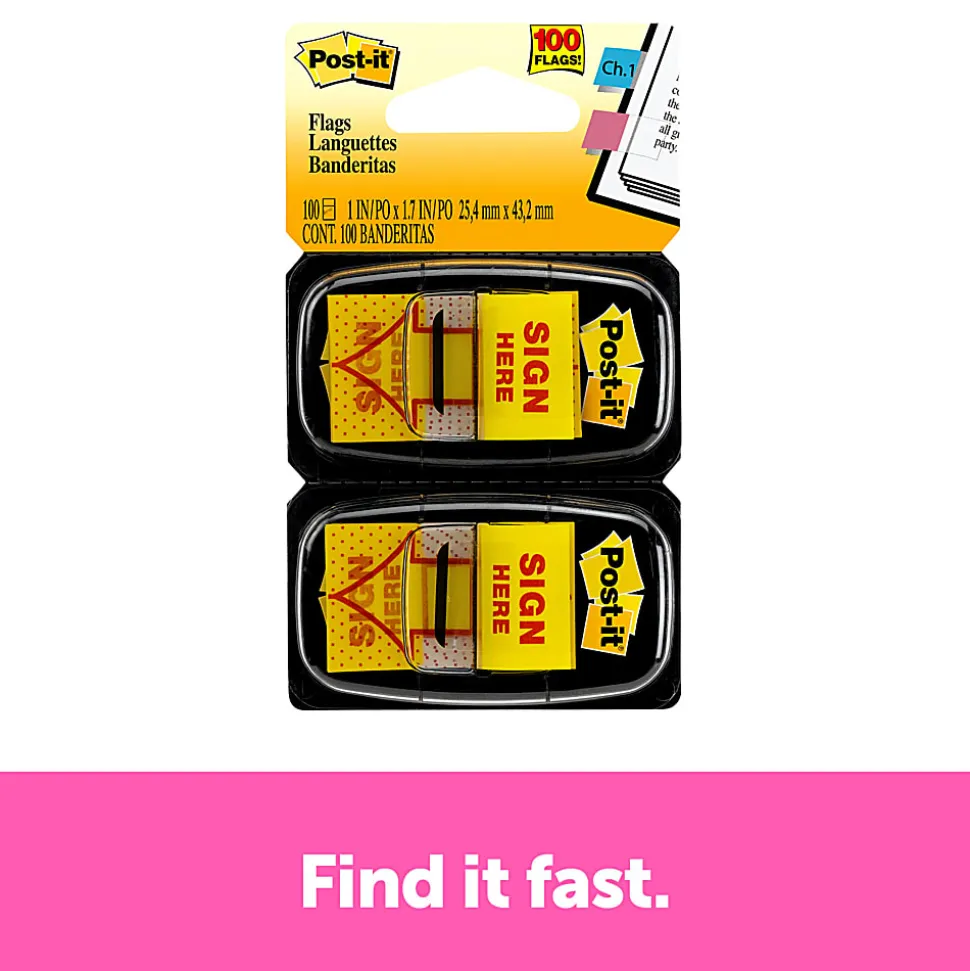 Post-it® Flags, 1 in. x 1.7 in., 2 Dispensers, 50 Flags/Dispenser, Yellow, Printed "Sign Here", School Supplies for Students, Flags for Textbooks