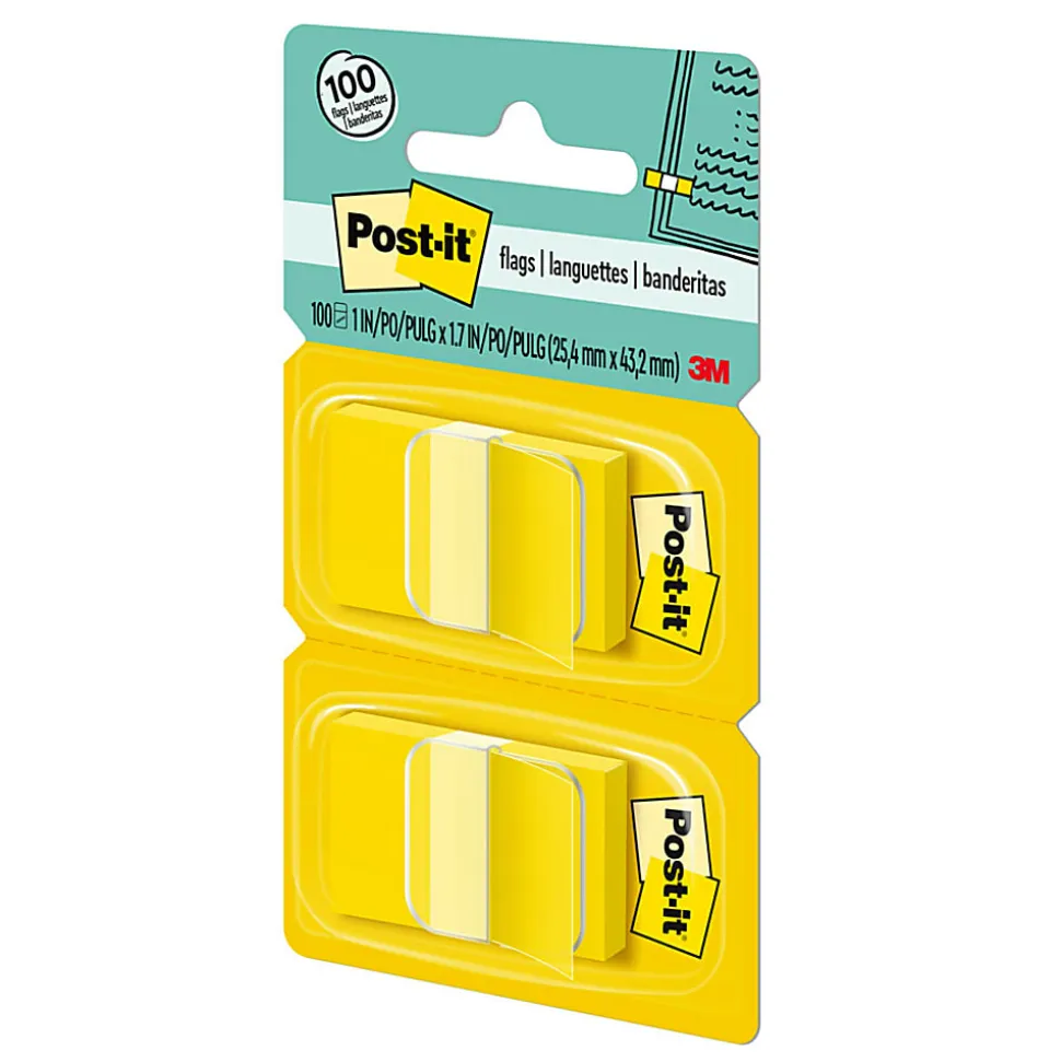Post-it® Flags, 1 in. x 1.7 in., 2 Dispensers, 50 Flags/Dispenser, Yellow, School Supplies for Students, Tabs for Textbooks and Notebooks