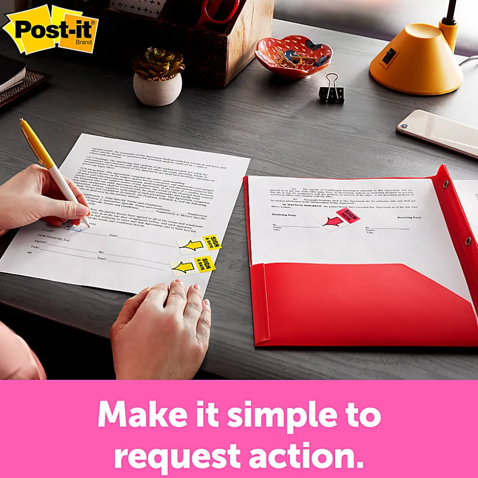 Post-it® Flags, 1 in. x 1.7 in., 1 Dispenser, 200 Flags/Dispenser, Yellow, Printed "Sign Here", Desk Grip Dispenser, School Supplies for Students
