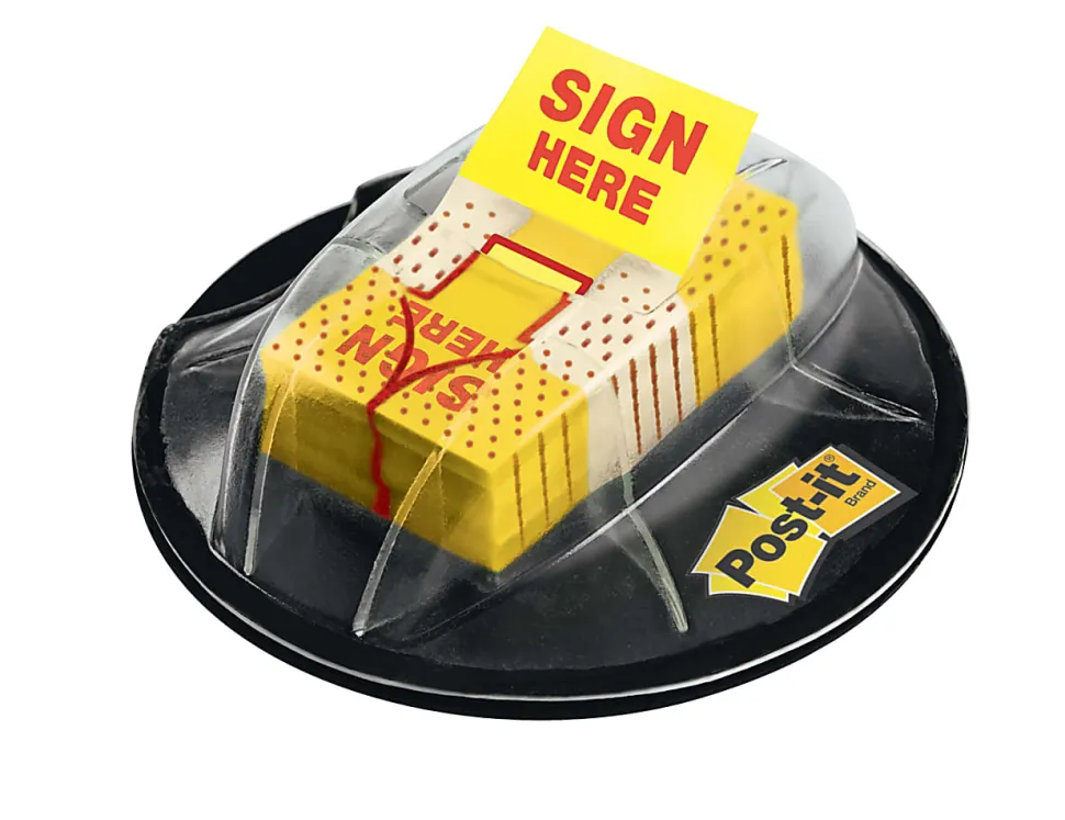 Post-it® Flags, 1 in. x 1.7 in., 1 Dispenser, 200 Flags/Dispenser, Yellow, Printed "Sign Here", Desk Grip Dispenser, School Supplies for Students
