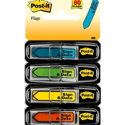 Post-it® Flags, .47 in. x 1.7 in., 4 Dispensers, 20 Flags/Dispenser, Assorted Bright Colors, "Sign & Date", Back to School Supplies for Students