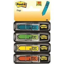 Post-it® Flags, .47 in. x 1.7 in., 4 Dispensers, 20 Flags/Dispenser, Assorted Bright Colors, 