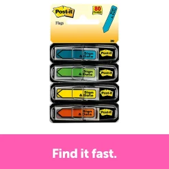 Post-it® Flags, .47 in. x 1.7 in., 4 Dispensers, 20 Flags/Dispenser, Assorted Bright Colors, 