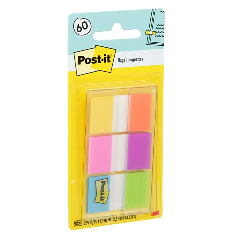 Post-it® Flags, 1" x 1 7/10", Assorted Electric Glow Colors, Pack Of 60 Flags