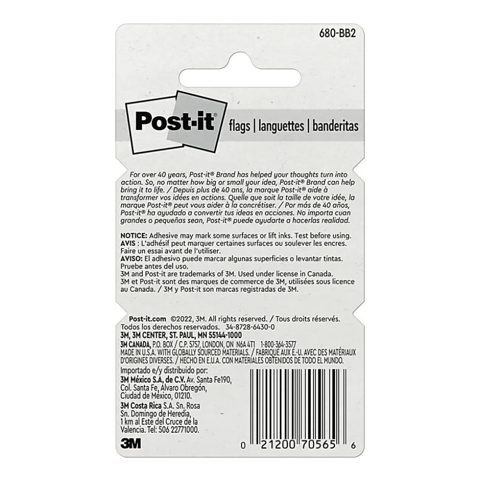 Post it® Flags, 1" x 1 7/10", Blue, 50 Flags Per Pad, Pack Of 2 Pads