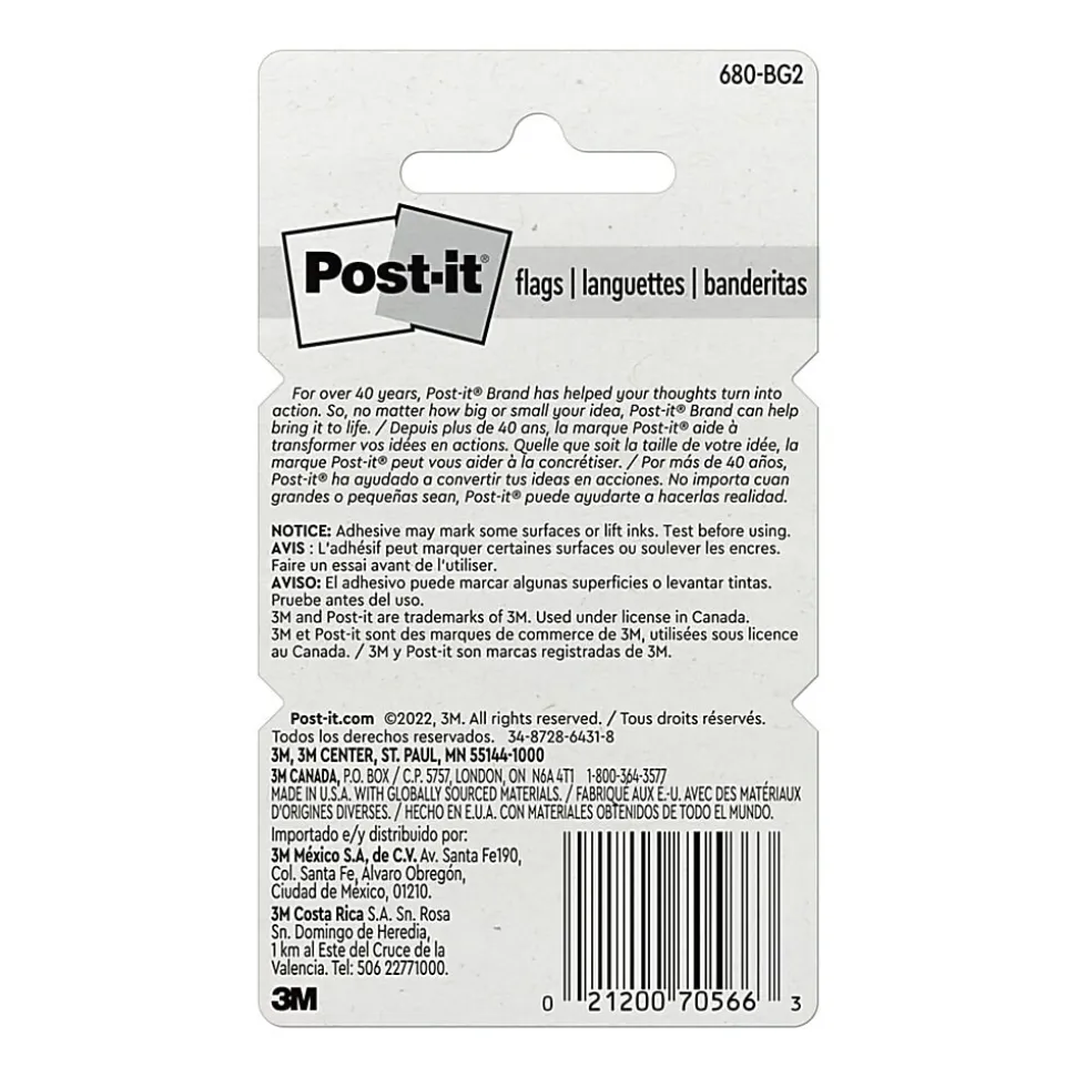 Post-it® Flags, 1" x 1 -11/16", Bright Green, 50 Flags Per Pad, Pack Of 2 Pads