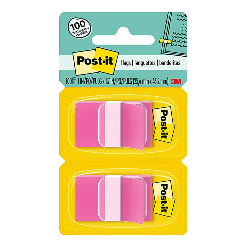 Post-it® Flags, 1" x 1 -11/16", Bright Pink, 50 Flags Per Pad, Pack Of 2 Pads