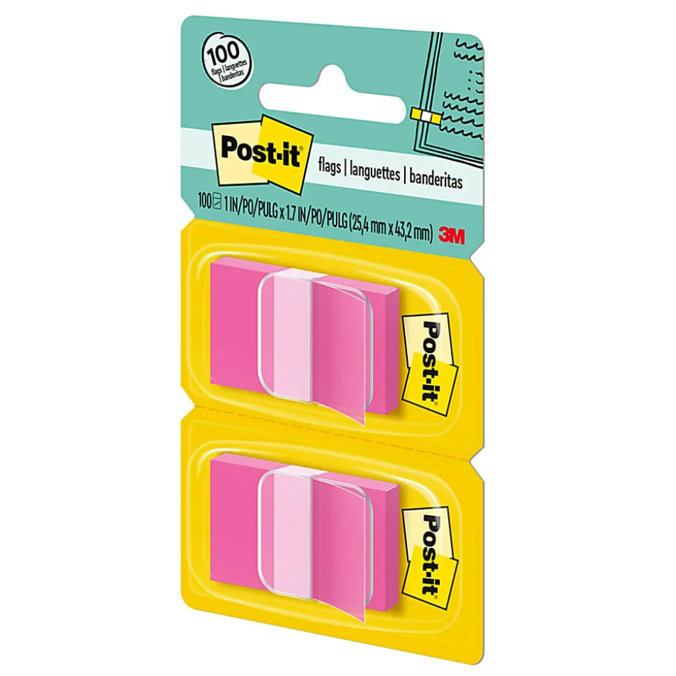 Post-it® Flags, 1" x 1 -11/16", Bright Pink, 50 Flags Per Pad, Pack Of 2 Pads