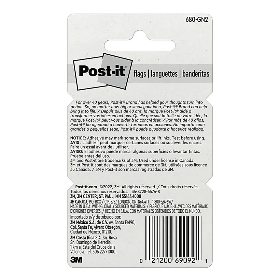 Post-it® Flags, 1" x 1 -11/16", Green, 50 Flags Per Pad, Pack Of 2 Pads