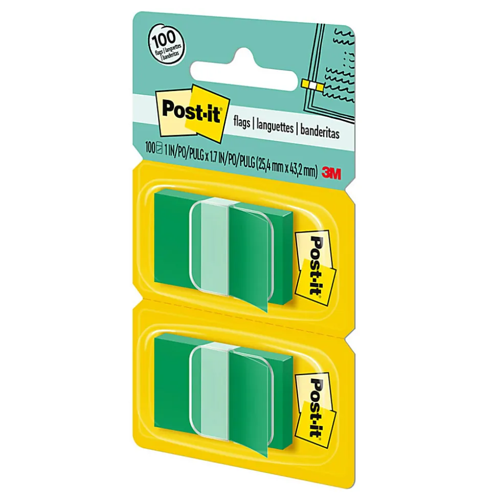 Post-it® Flags, 1" x 1 -11/16", Green, 50 Flags Per Pad, Pack Of 2 Pads