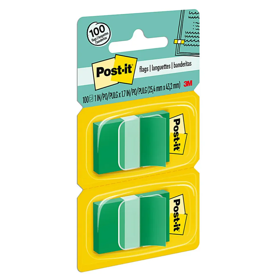 Post-it® Flags, 1" x 1 -11/16", Green, 50 Flags Per Pad, Pack Of 2 Pads