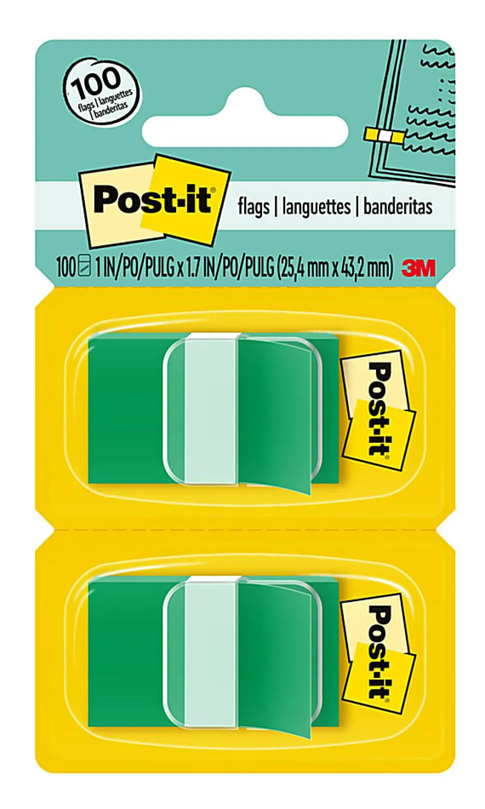 Post-it® Flags, 1" x 1 -11/16", Green, 50 Flags Per Pad, Pack Of 2 Pads