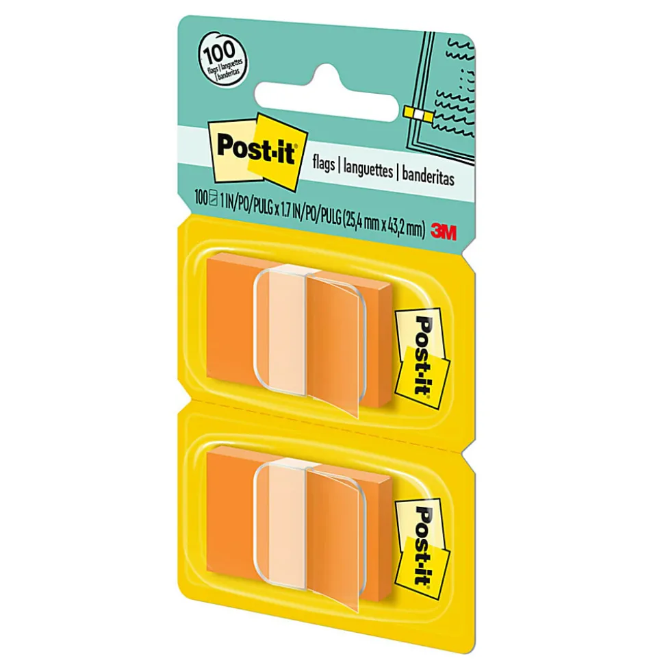 Post-it® Flags, 1" x 1 -11/16", Orange, 50 Flags Per Pad, Pack Of 2 Pads