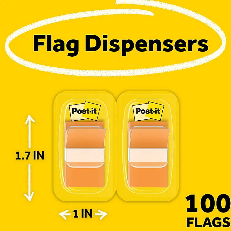 Post-it® Flags, 1" x 1 -11/16", Orange, 50 Flags Per Pad, Pack Of 2 Pads
