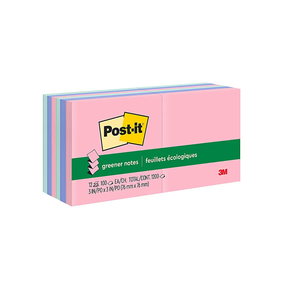 Post-it® Greener 100% Recycled Paper Pop Up Notes, 3 x 3 in, 12 Sticky Note Pads, 100 Sheets/Pad, Accordion Sticky Notes, Sweet Sprinkles