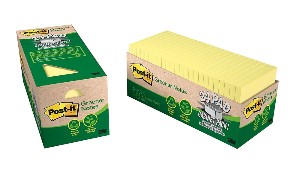 Post-it® Greener 100% Recycled Paper Notes, 3 x 3 in, 24 Bulk Sticky Note Pads, 75 Sheets/Pad, School Supplies and Office Products, Canary Yellow