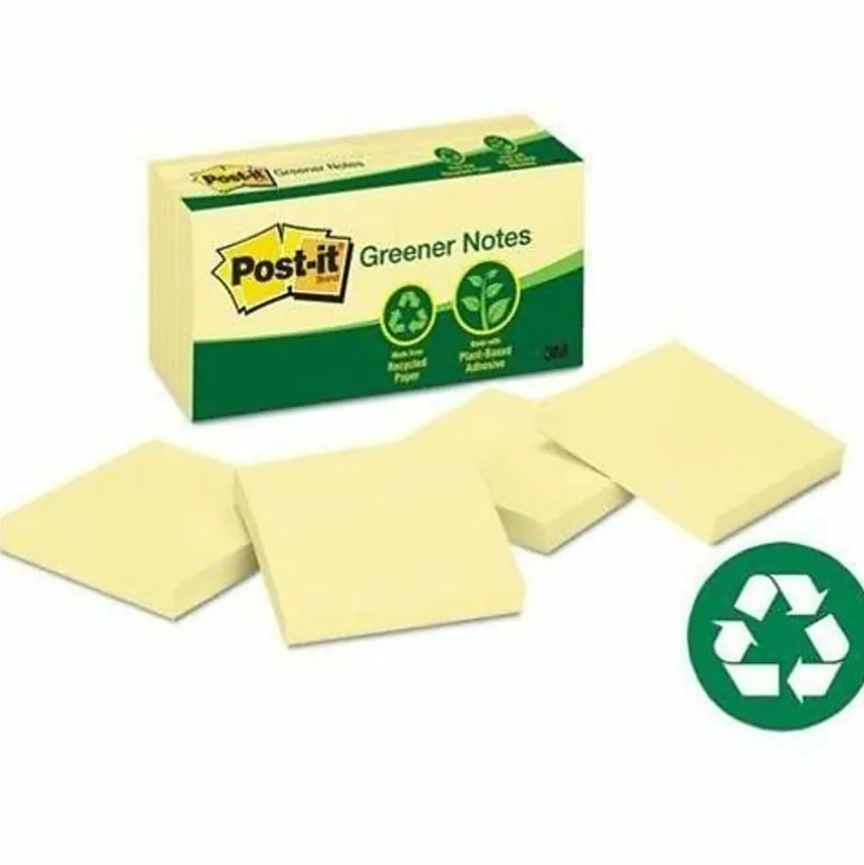 Post-it® Greener 100% Recycled Paper Notes, 3 x 3 in, 12 Sticky Note Pads, 100 Sheets/Pad, School Supplies and Office Products, Canary Yellow