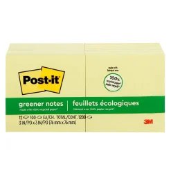 Post-it® Greener 100% Recycled Paper Notes, 3 x 3 in, 12 Sticky Note Pads, 100 Sheets/Pad, School Supplies and Office Products, Canary Yellow