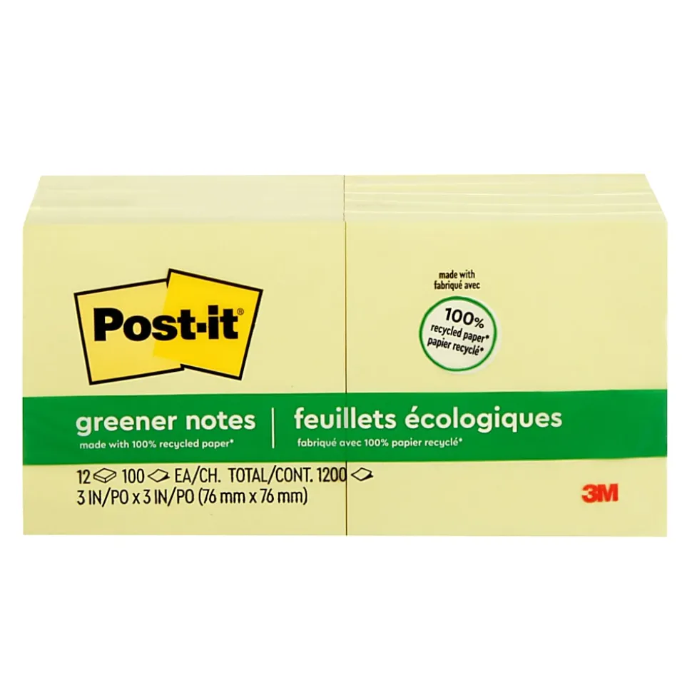 Post-it® Greener 100% Recycled Paper Notes, 3 x 3 in, 12 Sticky Note Pads, 100 Sheets/Pad, School Supplies and Office Products, Canary Yellow