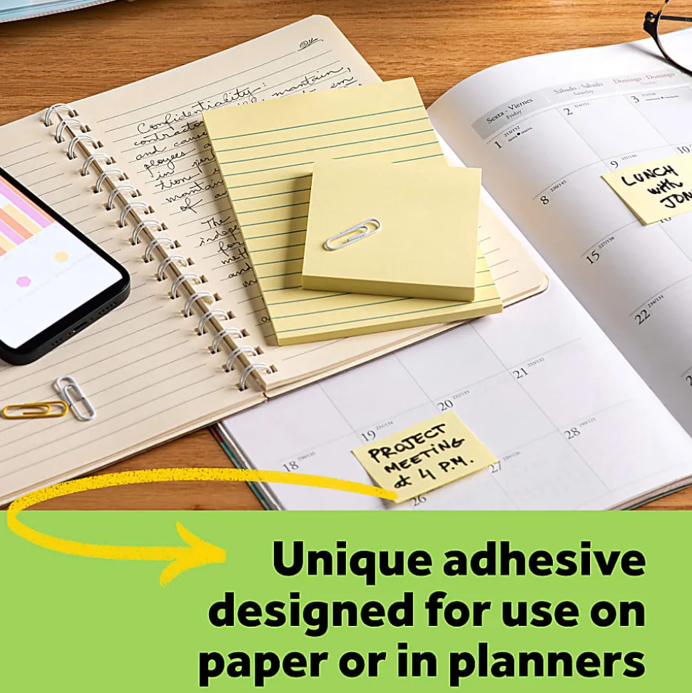 Post-it® Greener 100% Recycled Paper Notes, 3 x 3 in, 12 Sticky Note Pads, 100 Sheets/Pad, School Supplies and Office Products, Canary Yellow
