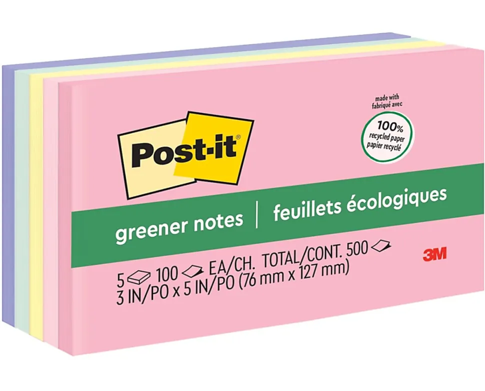 Post-it® Greener 100% Recycled Paper Notes, 3 x 5 in, 5 Sticky Note Pads, 100 Sheets/Pad, School Supplies and Office Products, Sweet Sprinkles