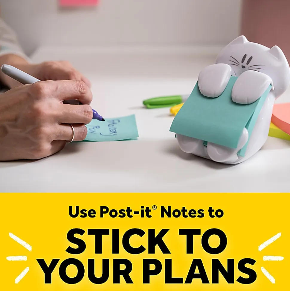 Post-it® Note Dispenser, 3 in x 3 in, 1 Dispenser, 1 Pad, 45 Sheets/Pad, White Cat Design, Sticky Notes Holder for Desk, Classroom or Office Supplies