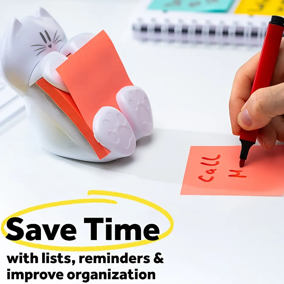 Post-it® Note Dispenser, 3 in x 3 in, 1 Dispenser, 1 Pad, 45 Sheets/Pad, White Cat Design, Sticky Notes Holder for Desk, Classroom or Office Supplies