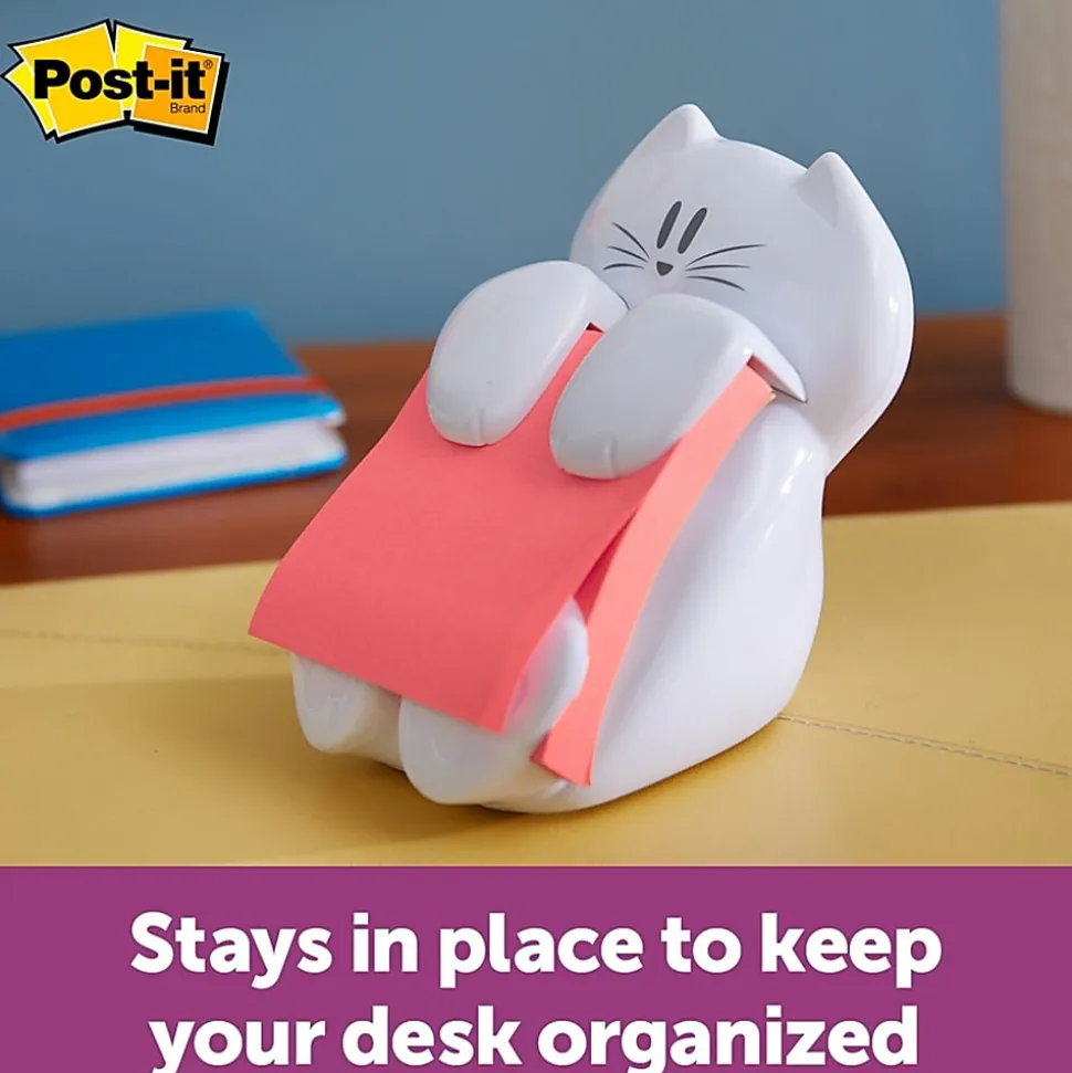 Post-it® Note Dispenser, 3 in x 3 in, 1 Dispenser, 1 Pad, 45 Sheets/Pad, White Cat Design, Sticky Notes Holder for Desk, Classroom or Office Supplies