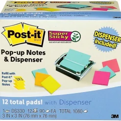 Post-it® Note Dispenser, 3 x 3 in, 12 Sticky Note Pads, 90 Sheets/pad, Sticky Note Holder, Black Base, Clear Top, Classroom or Office Supplies