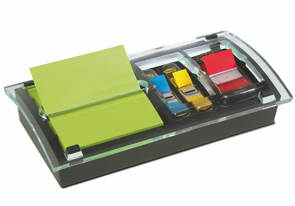 Post-it® Notes and Flag Dispenser, 1 Dispenser, 1 Pad, 90 Sheets/Pad, Black Base with Clear Top, 2 Flag Dispensers, 50 Flags/Dispenser, Clean Removal