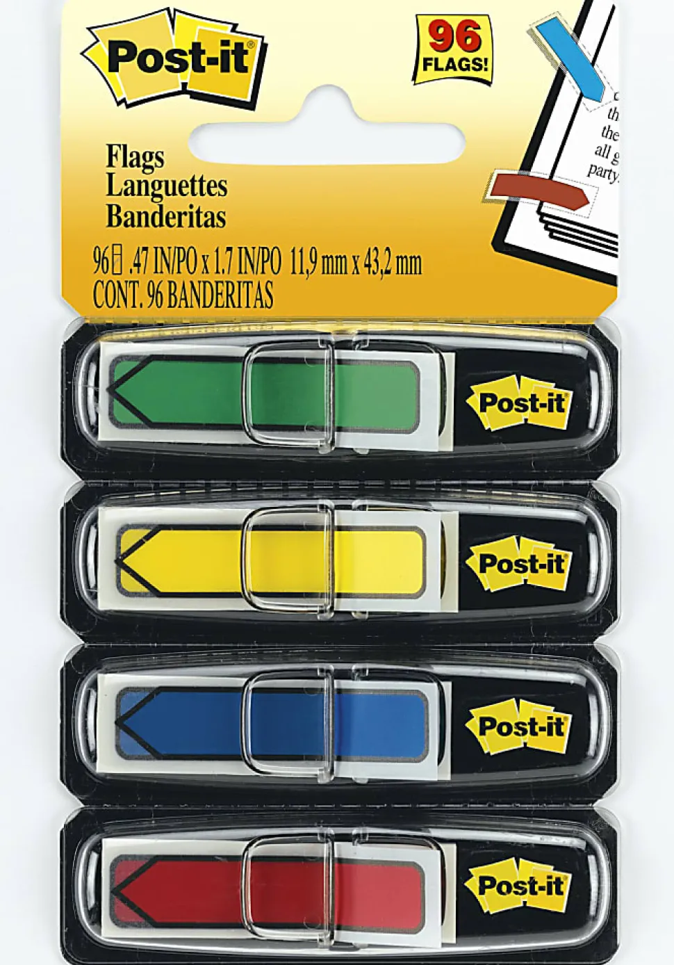Post-it® Notes Arrow Flags, 1/2", Assorted Primary Colors, 24 Flags Per Pad, Pack Of 4 Pads