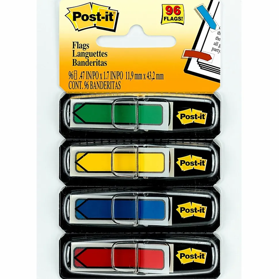 Post-it® Notes Arrow Flags, 1/2", Assorted Primary Colors, 24 Flags Per Pad, Pack Of 4 Pads
