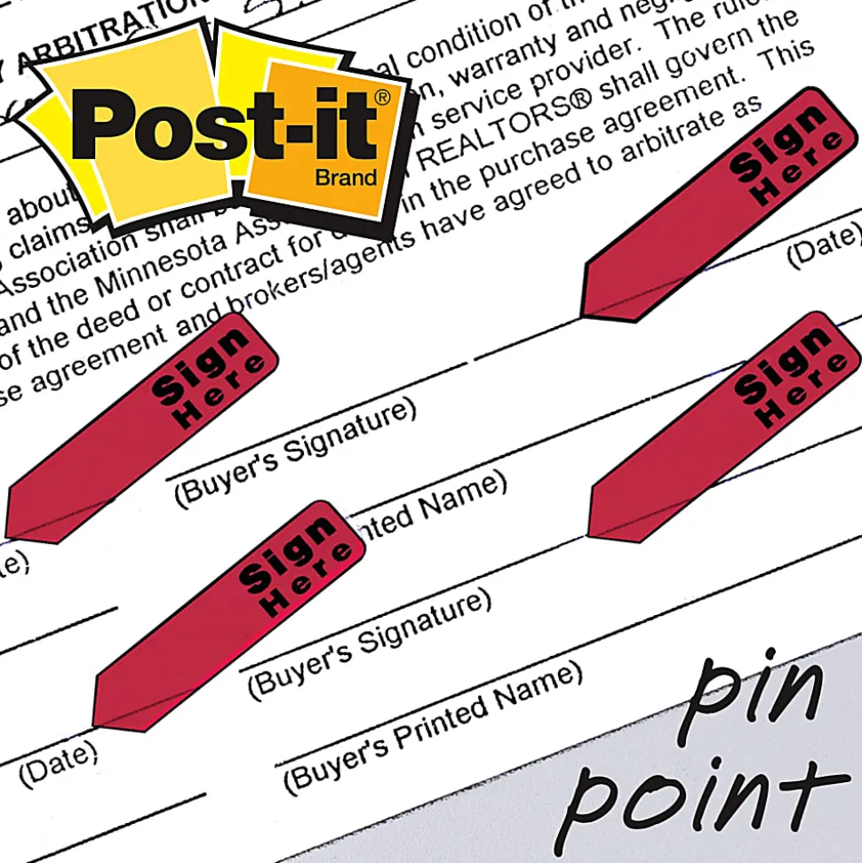 Post-it® Notes Arrow Flags, " Sign Here", 1/2", Red, 20 Flags Per Pad, Pack Of 4 Pads