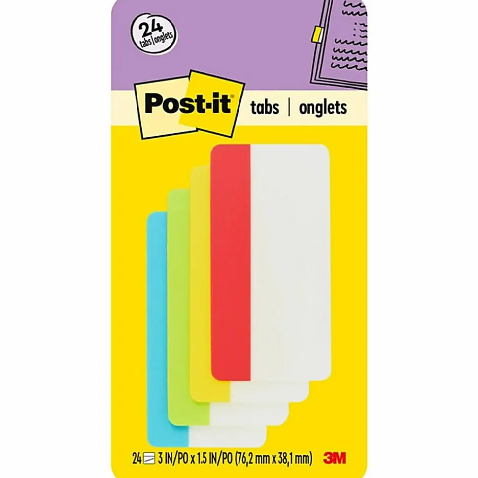 Post-it® Notes Durable Filing Tabs, 3" x 1-1/2", Assorted Colors, 6 Flags Per Pad, Pack Of 4 Pads