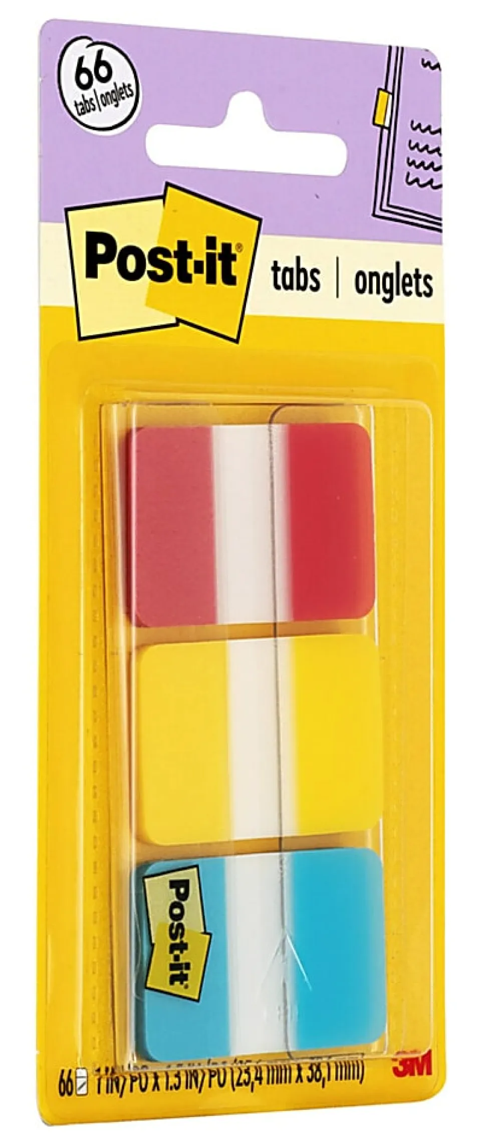 Post-it® Notes Durable Filing Tabs, 1" x 1-1/2", Blue/Red/Yellow, 22 Flags Per Pad, Pack Of 3 Pads