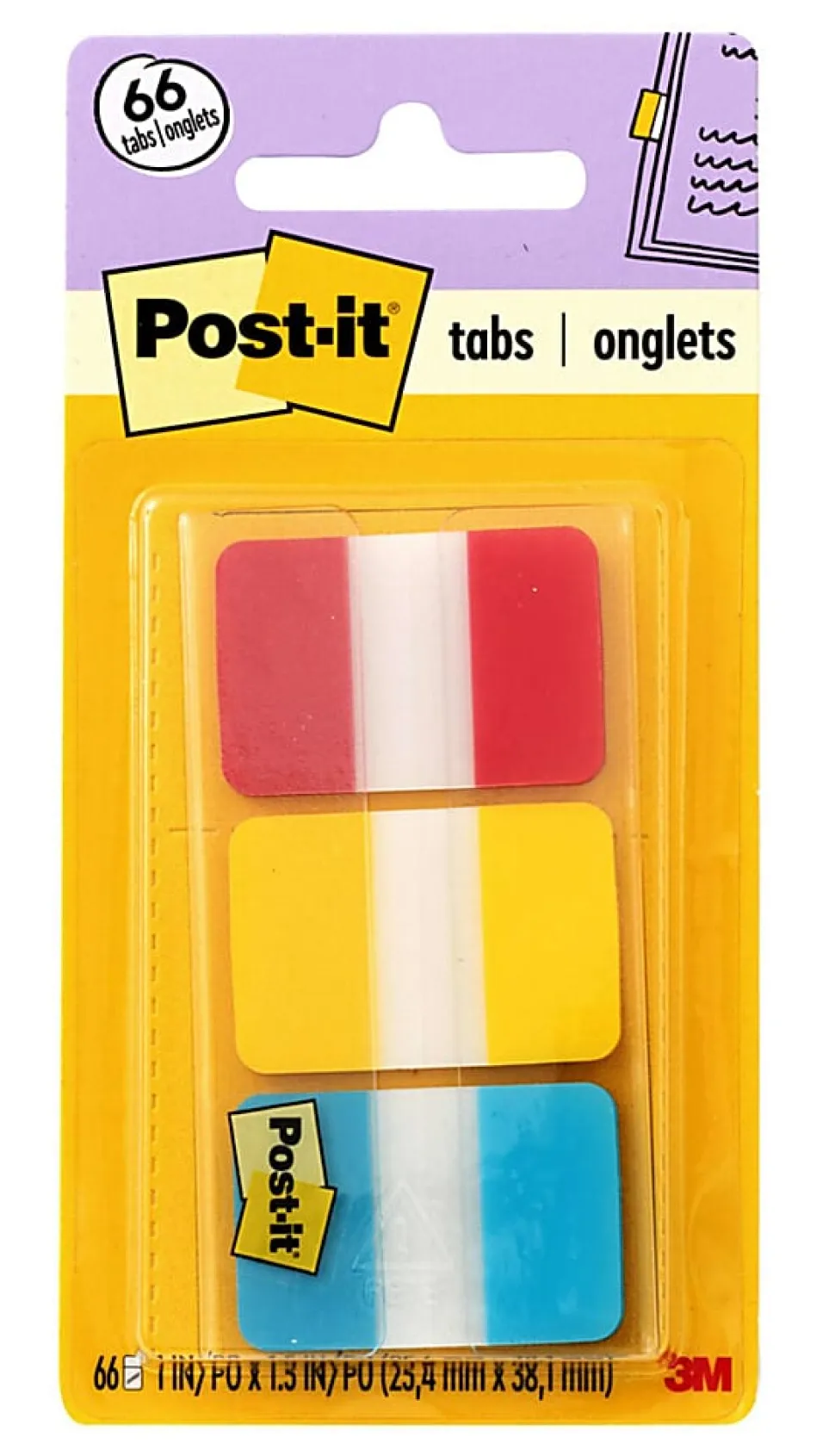 Post-it® Notes Durable Filing Tabs, 1" x 1-1/2", Blue/Red/Yellow, 22 Flags Per Pad, Pack Of 3 Pads