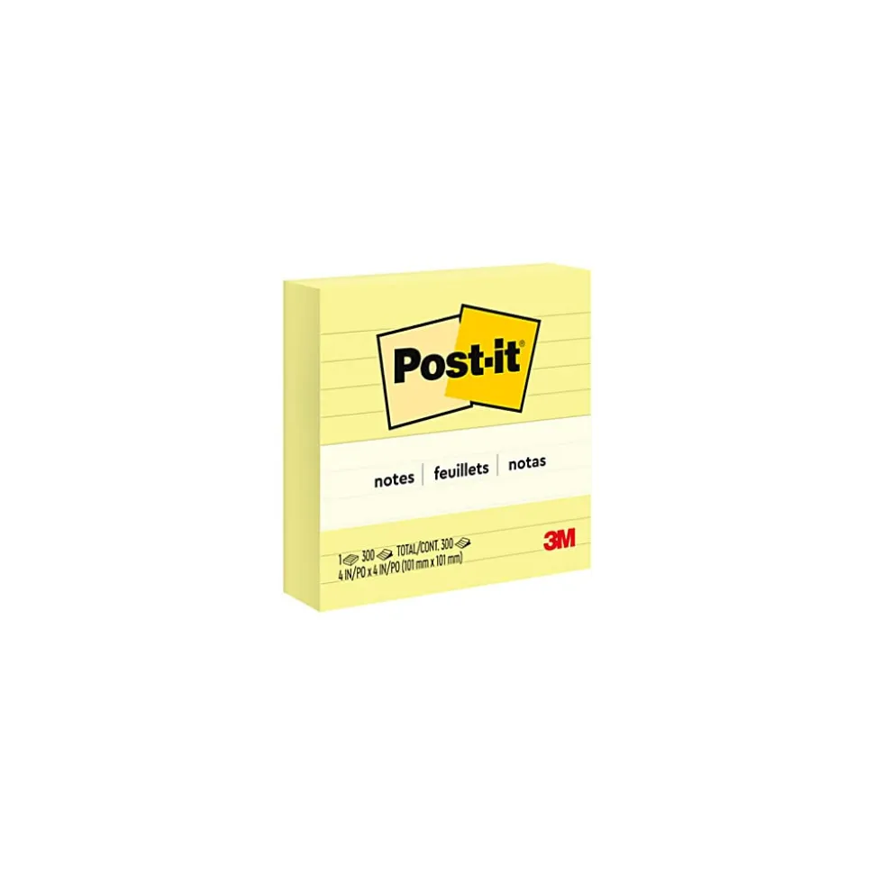 Post-it® Notes, Lined, 4" x 4", Canary Yellow, 300 Sheets, Pack Of 1 Pad
