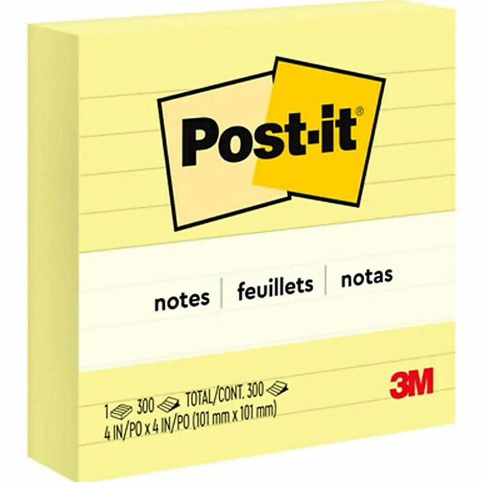 Post-it® Notes, Lined, 4" x 4", Canary Yellow, 300 Sheets, Pack Of 1 Pad