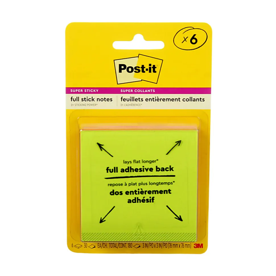 Post-it® Notes Super Sticky Full Adhesive Notes, 3" x 3", Energy Boost Colors, 30 Sheets Per Pad, Pack Of 6 Pads